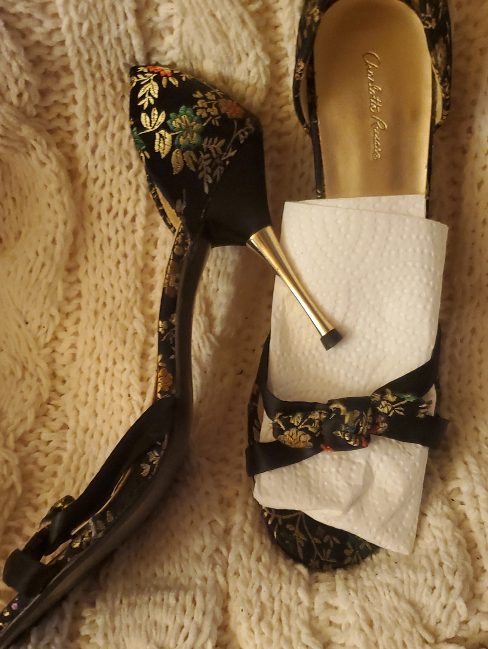 Charlotte Russe Black Floral Brocade Stiletto Heels with Gold Tone Metal Heel
